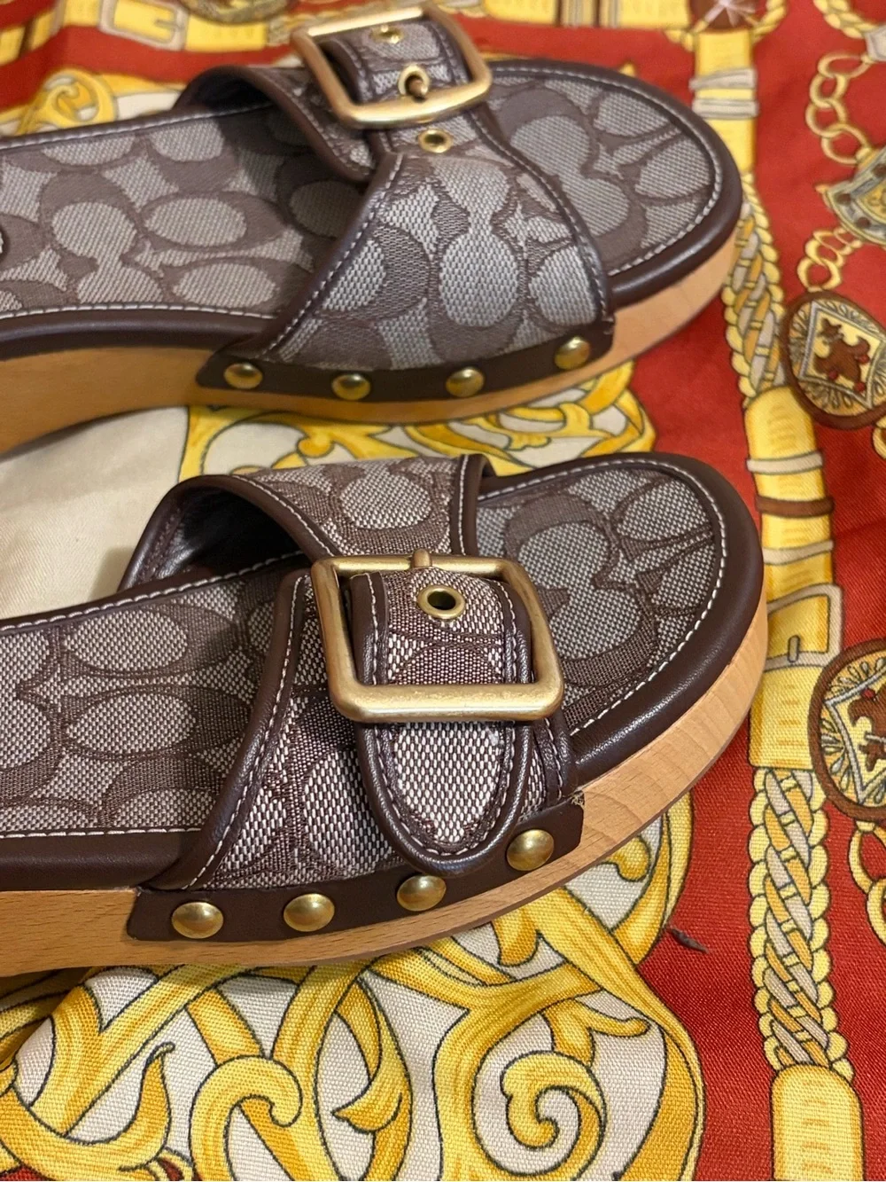 Coach Brown Signature Jacquard Slide Sandals with Gold Buckle